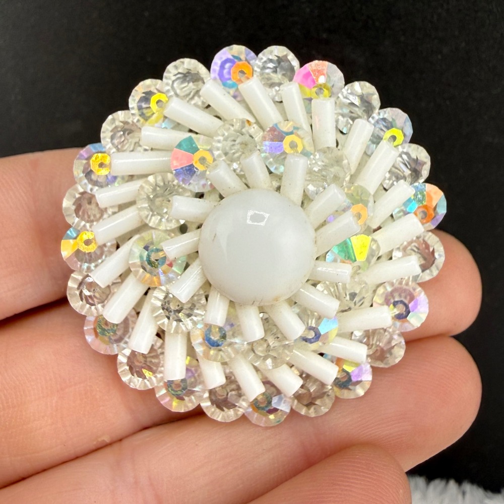 Vintage West Germany Brooch White AB‎ Crystal Milk Glass Filigree
